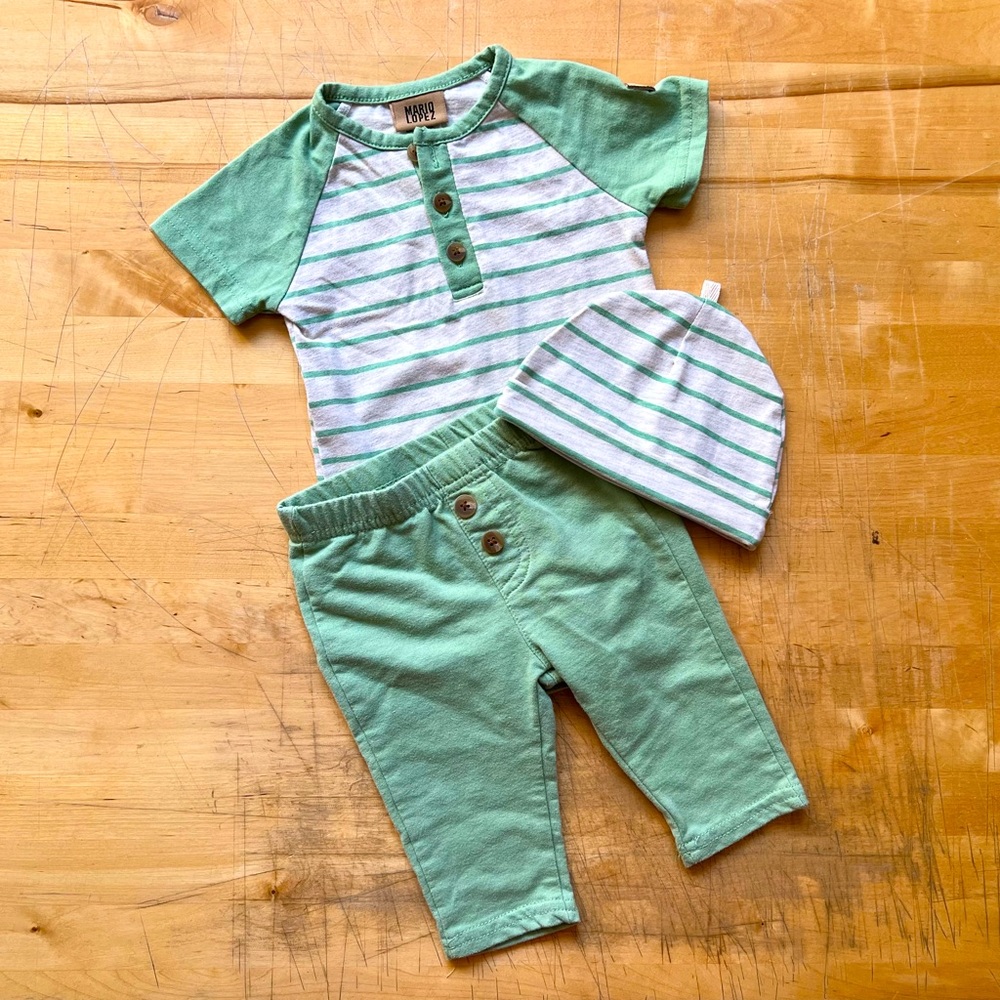 Mario Lopez Green and White Striped Baby Outfit Set